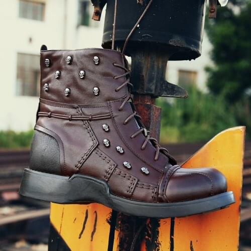 Mens Cowhide Genuine Leather Leather boots men shoes Motorcycle Boots Military Combat Boots Gothic Skull Steam Punk boots