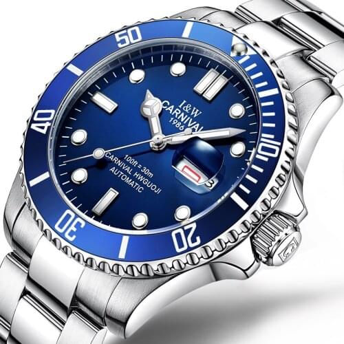 Brand Luxury CARNIVAL Watch Men GMT Automatic Mechanical Men Watches Luminous Sapphire Stainless Steel Diving Mens Watch C-87566