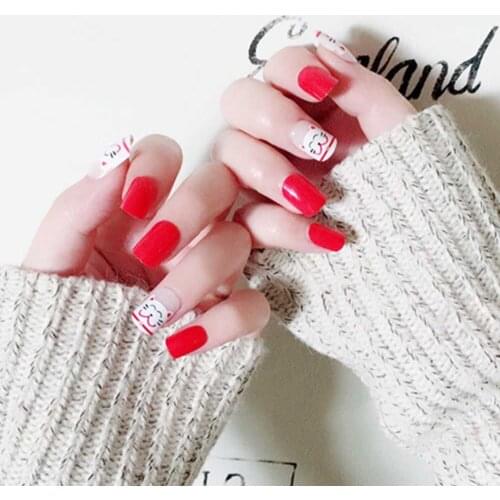 24pcs fake nails with glue designed Red Fortune Cat False nail Detachable evil Manicure wearable full cover fake nail tips