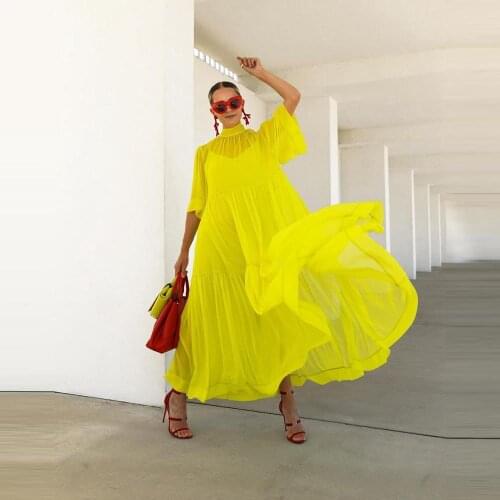 New Fashion Tulle Overlay Dresses Short Sleeves High Neck A Line Long Women Holiday Dress Custom Made Maxi High Street Style