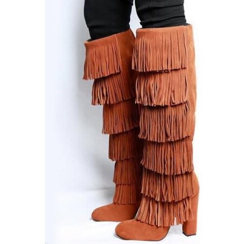 Real Photo Brown Suede Fringe Over The Knee Thigh High Boot Round Toe Square Heels Tassel Women Winter Boots Chunky Heel Shoes