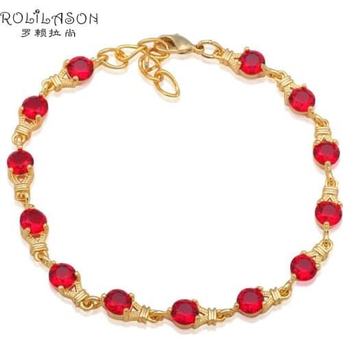 ROLILASON Royal Garnet Red Crystal zircon Golden Charm Bracelets Health Nickel Lead free Fashion jewelry TB837