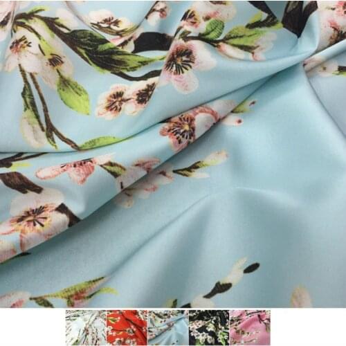 Peach Blossom 100% Polyester Printed Stretch Satin Fabric Soft Clothing Shirt Ladies Brand Cloth for Dress Fabrics Per Meter