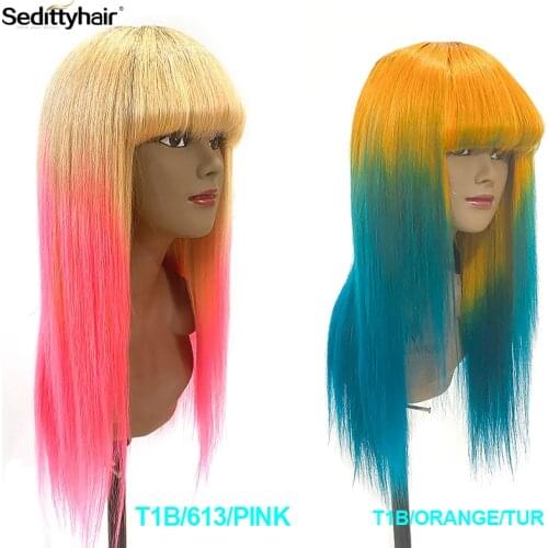 Sedittyhair Straight pink color Human Hair Wigs With Bangs Fringe Wig blue Human Hair Wigs Cheap Brazilian Remy ombre blue Wig