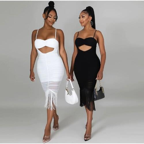 Adogirl Sexy Sheer Mesh Patchwork Tassel Mid-calf Party Dress Sleeveless Hollow Out Bodycon Night Club Vestidos Female Robes