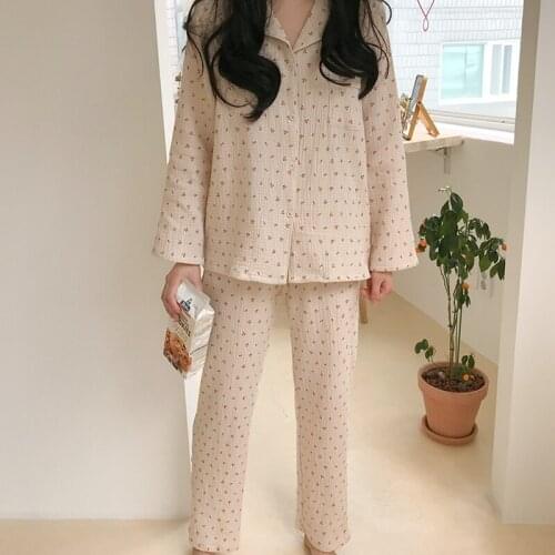 Cute Cherry Print Pajamas Cotton Linen Sleepwear Set Sweet Vintage Kawaii Notched Pocket Home Suit Shirt+Trousers Button
