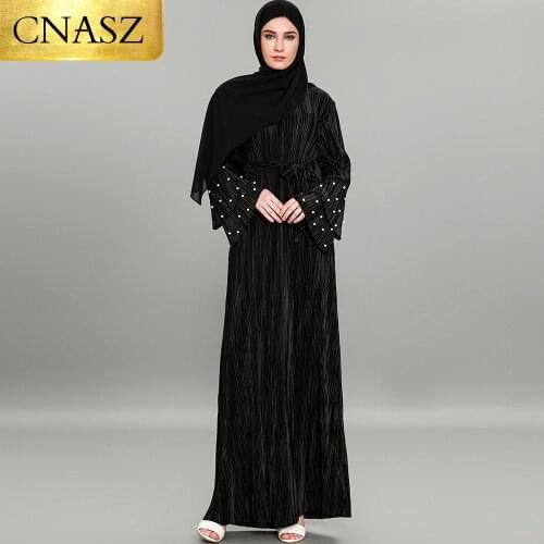 Modest Fashion For Women Wholesale Beaded Dress Ruffle Sleeve Abaya Dress
