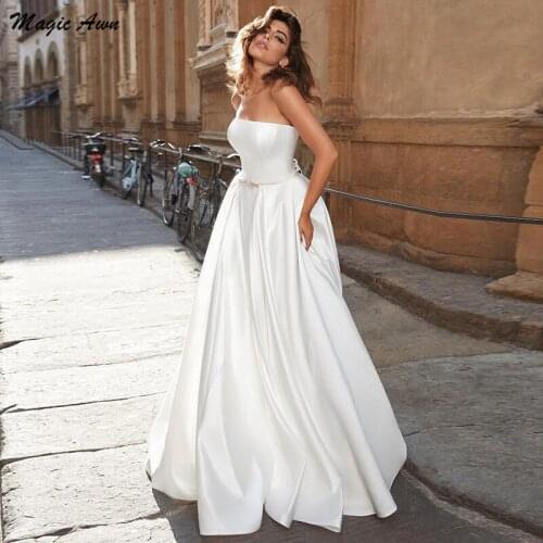 Magic Awn 2021 Modest Satin Princess Wedding Dresses Strapless Lace Up Back A-Line Simple Vintage Mariage Gowns Vestidos Branco