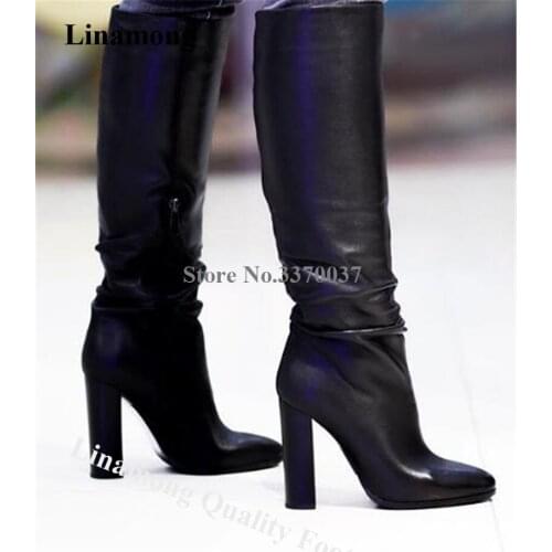 Linamong Fashion Pointed Toe Knee High Chunky Heel Boots Black Leather Thick High Heel Boots Formal Dress Heels Big Size Boots