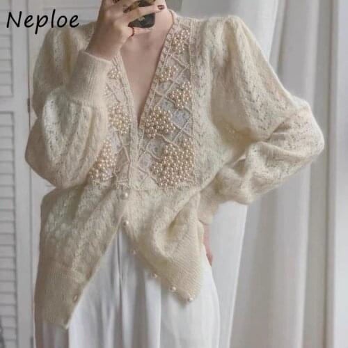 Neploe Pearl Inlaid Womens Cardigan Sweater Jacket Autumn 2021 Temperament Sweters for Women Loose Sleeve Woman Sweaters Top