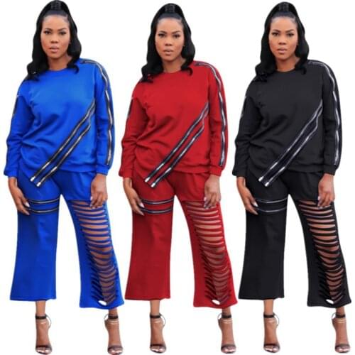 Adogirl Solid Hole Hollow Out Zipper Women Set Long Sleeve Tee Tops Jogger Pants Suit Two Pieces Set Tracksuits Casual Wear