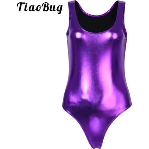 TiaoBug Women Sleeveless One-piece Shiny Patent Leather High Cut Thong Leotard Solid Color Swimsuit Swimwear Gymnastics Bodysuit