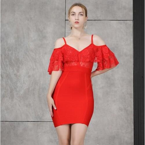Sexy Lace Bandage Dress New Arrival Bodycon V Neck Women Dress Summer Party Club Celebrity Fashion Red Clothes