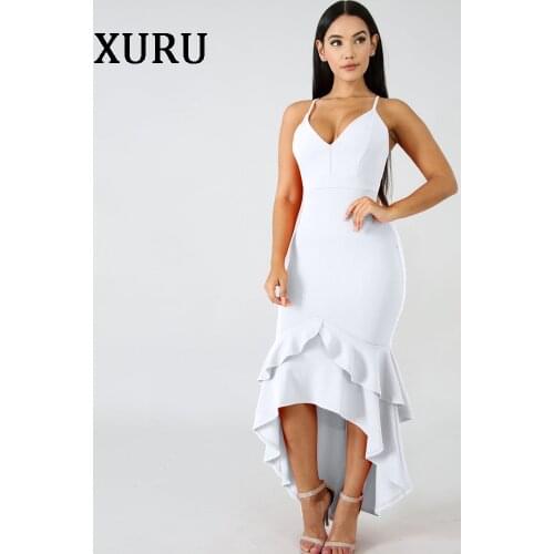 XURU White Black Women Party Dress Spaghetti Strap V Neck Ruffles Asymmetrical Long Dresses Womens Sexy Bodycon Dress Vestidos