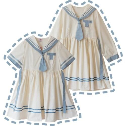 Preppy Style Womens Long Sleeve Dress Sailor Collar Dress Japanese Style Cute Girls Beige Dress