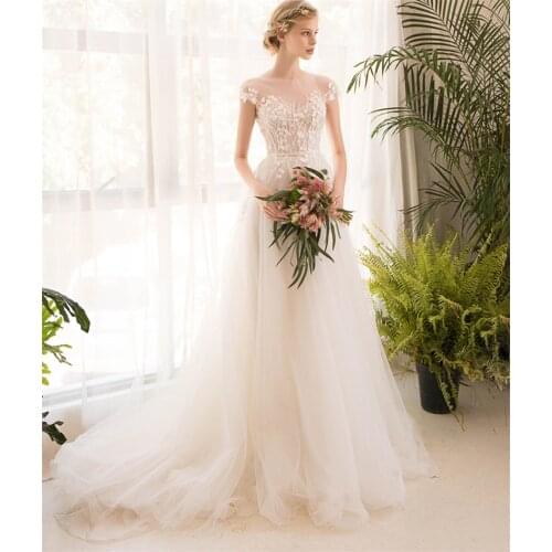 2021 Pretty Sweep Train A-line Tulle Lace Applique Scoop Short Sleeve Simple Plain Wedding Dress Bride Gown Vestidos De Novia