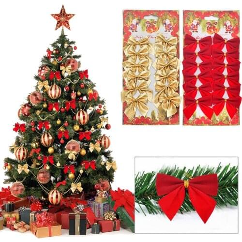12pcs Red Christmas Bows Hanging Decorations Gold Silver Bowknot Christmas Tree Ornaments New Year Xmas Party Gift 2021 Navidad