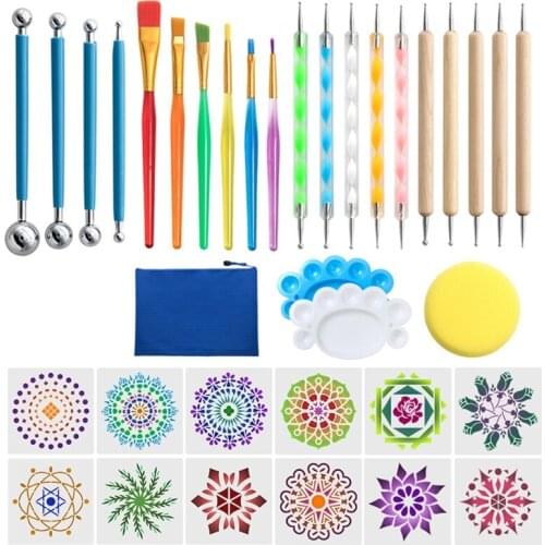 35 Pcs Mandala Dotting Tools Rock Stone Stencil Gem Sticker Palette Paint Tray Kit for Painting Coloring Drawing Draft