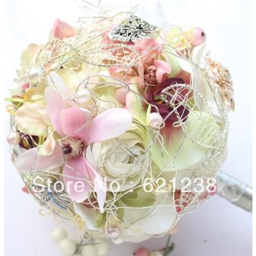 7 inch Pink bridal bouquet / hand-crafted, creative wedding holding flowers / twigs and butterflies, brooch bouquet