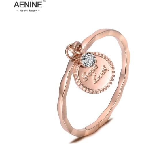 AENINE Stainless Steel Rose Gold Color AAA CZ Crystal Sinusoid Shape Rings For Girls Good Luck Coin Charm Christmas Gift AR18143
