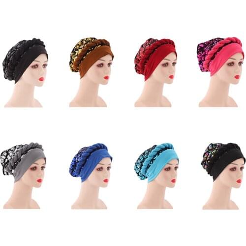 Women Turban Muslim Hijab Caps Sequin Aso Oke Gele African Cap Headtie Already Made Gele Scarf Head Wrap Ladies Hat Auto Headtie