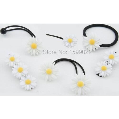 6pcs/lot Korean White Daisy Bobby Pins Elastic Rubber Bands Diy Hair Rope Flower Accessories Clip for Kids Children Women Girls