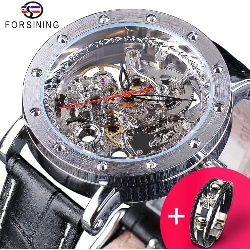 Forsining Watch +Bracelet Set Combination Silver Skeleton Red Hand Black Genuine Leather Automatic Watches Men Transparent Clock