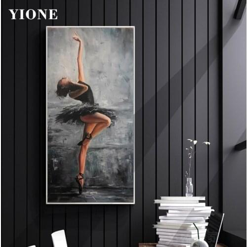 Ballerina Dancer Girl Black Oil Painting Print on Canvas Modern Abstract Portrait Wall Art Poster Picture for Living Room Decor