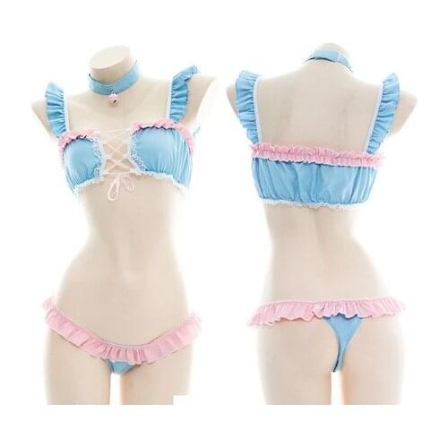 Underwear Japanese Lolita Girl Pink Blue Split Bikini Set Sexy Pajamas Bandage Cosplay Lingerie Maid Suit Camisole Panties Set