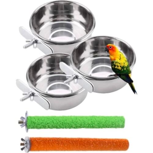 Bird Parrot Feeding Cups with Clamp Set Stainless Steel Food Water Bowls Dish for Small Animal Chinchilla Ferret Bird Supplies