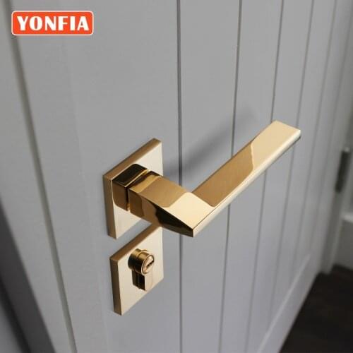 YONFIA 8039 Square Privacy PVD Gold Home Room Wood Door Lock Handle Set Bathroom Mortise Lever Door Handle for Interior Door