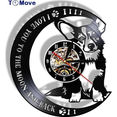 Welsh Corgi Vinyl Record Wall Clock I Love You To The Moon And Back Wall Clock Modern Design Corgi Puppy Dog Pet Home Decor