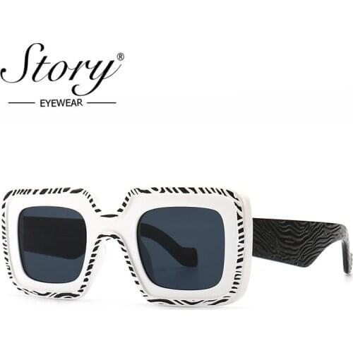 STORY 2021 New Trendy White Square Sunglasses Women Men Brand Design Fashion Retro Thick Frame Zebra Pattern Sun Glasses S20843G