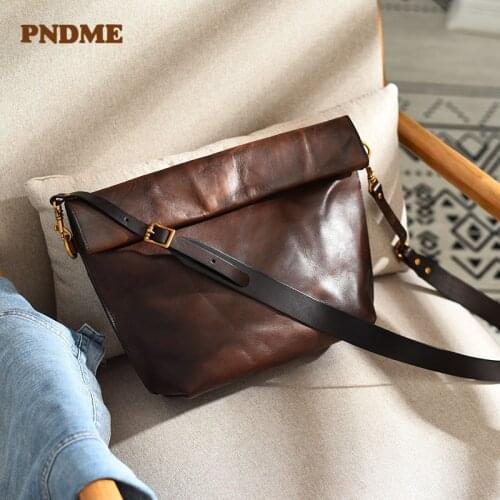 PNDME fashion retro casual high-quality Genuine leather mens shoulder bag natural cowhide large capacity diagonal bag