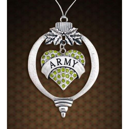 ARMY Heart Charm Embellished with Green Crystal Rhinestones in the Center of this christmas ornament pendant surrounded