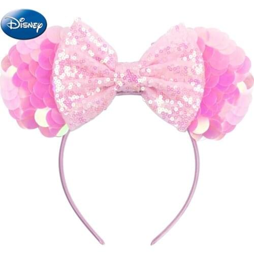 Disney Mikey Mouse Chic Glitter Bow Ears Headband Women Fashion Bunny Ear Sequin Bow Hair Band Girls Hair Accessories Headbands