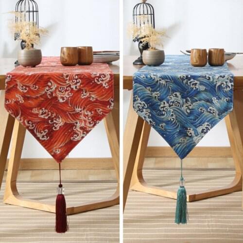 Japanese Style Simple Wave Pattern Cotton And Linen Table Runner American Pastoral Tea Table Cloth Long Table Runner Decoration