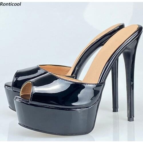Ronticool Real Photos Women Summer Platform Mules Sandals Patent Leather Sexy Stiletto Heels Peep Toe Black Shoes US Size 5-20
