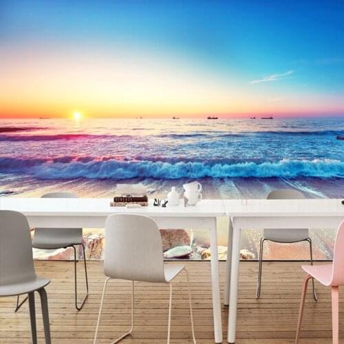 Romantic Color Sunset Beautiful Beach Seaside Nature Landscape Photo Mural Wallpaper Dining Room Modern Fashion Home Decor Mural