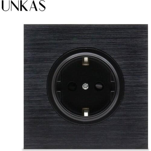 UNKAS Luxurious Black Aluminum Panel Grounded With Child Protective Lock 16A EU Standard Wall Power Socket Outlet