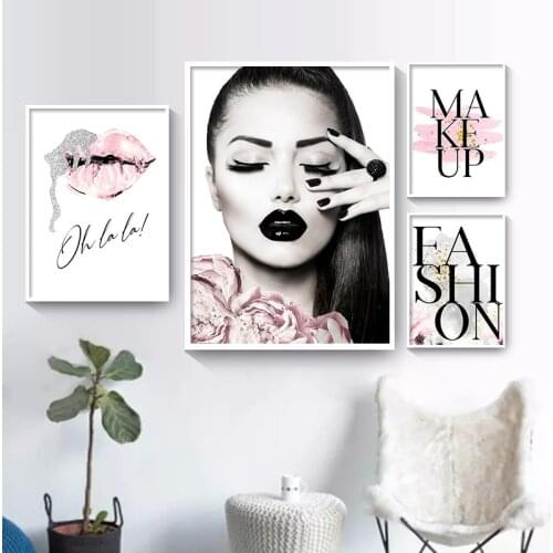 Modern Pink Flower Perfume Fashion Lady Print Posters Sliver Lips Makeup Canvas Art Painting Wall Picture Girls' Room Decor