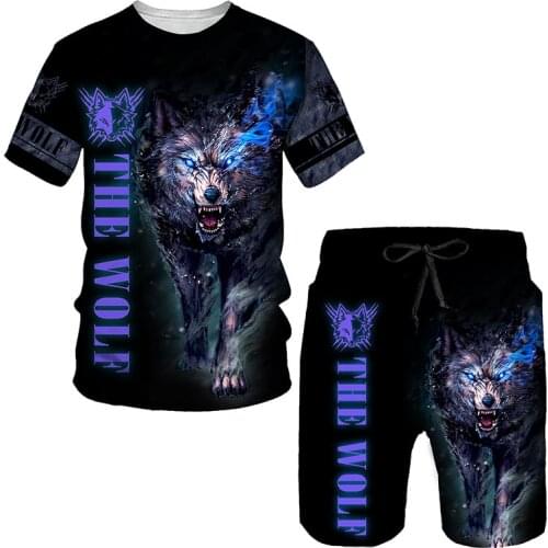 Ferocious wolf 2021 summer fashion 3D printing mens T-shirt shorts suit mens sportswear sportswear O-neck short-sleeved suit
