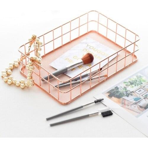 Rose Gold Iron Art Nordic Makeup Organizer Basket Eyeliner Brush Set Storage Basket Cosmetic Storage Shelf Home Storage Basket