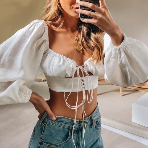 Women New Square Collar White Women Hollow Out Bandage Shirt Female Spring Summer Sexy Puff Long Sleeve Tops Ladies Short Tops