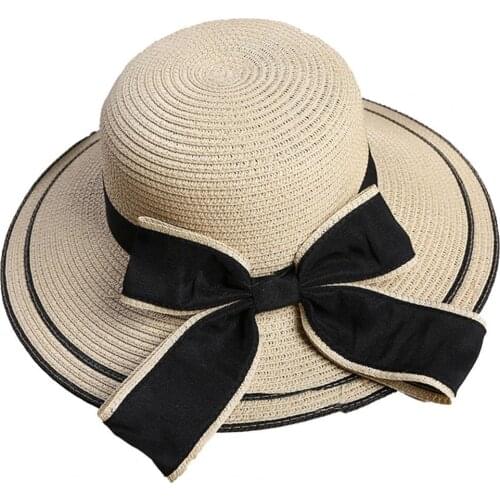 Women Hat Bow Braided Summer Foldable Sun Protection Hat for Outdoor