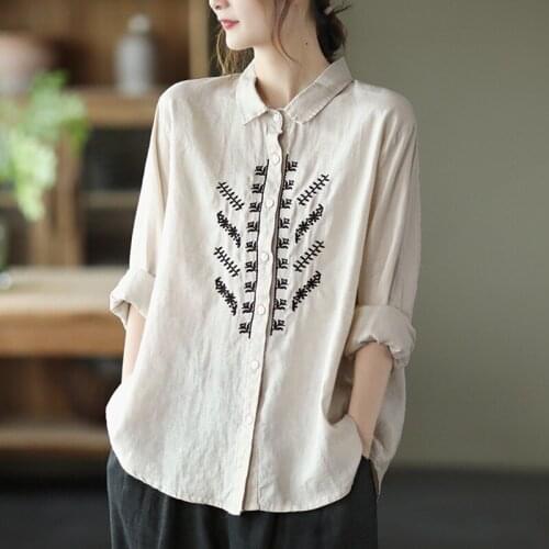 Women Cotton Linen Casual Shirts New Arrival 2021 Autumn Arts Style Vintage Embroidery Loose Female Long Sleeve Tops Shirt B1069