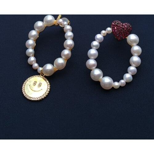 SLJELY Fashion S925 Sterling Silver Yellow Asymmetric Circle Pearl Earrings with Heart and Happy Face Women Party Brand Jewelry