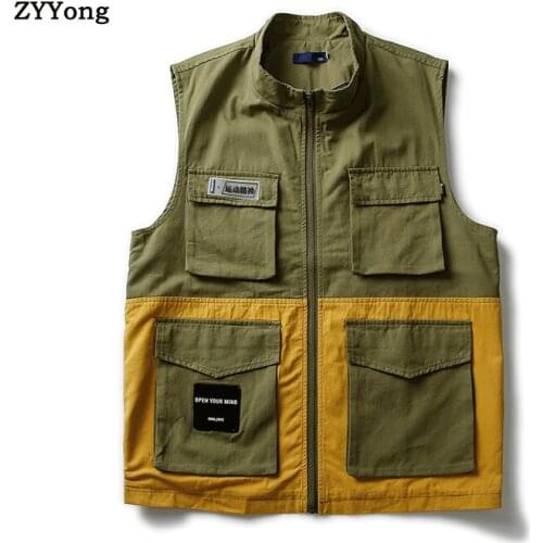 2020 New Cotton Vest Mens Fashion Multi-pockets Cargo Vests Sleeveless Jacket Men Black Army Green Casual Waistcoat