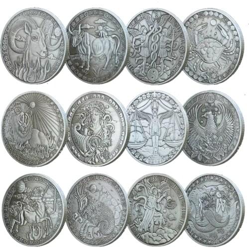 12 Constellations Zodiac Sliver Plated Collectible Original Coins Set Holder Challenge Coin Creative Gift Souvenir Collection