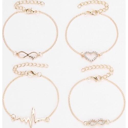4 Pcs / Set Bling Starry Clear Crystal Hollow Heart Shape Electrocardiogram Golden Alloy Bracelets For Women Girls Adjustable